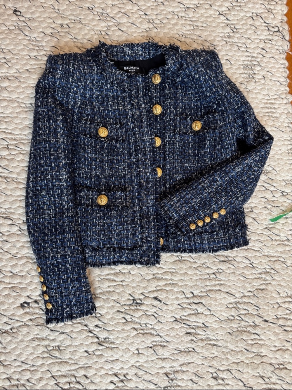 Balmain Dark Navy Bouclé Tweed Jacket with Gold Buttons